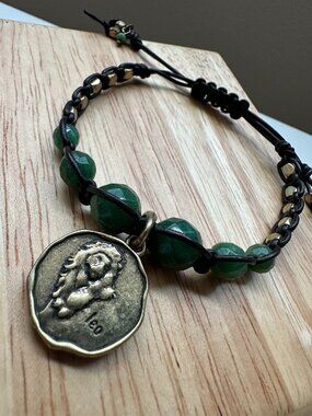 Leo Zodiac Bracelet – Green beads Charm Bracelet with leather pull tie